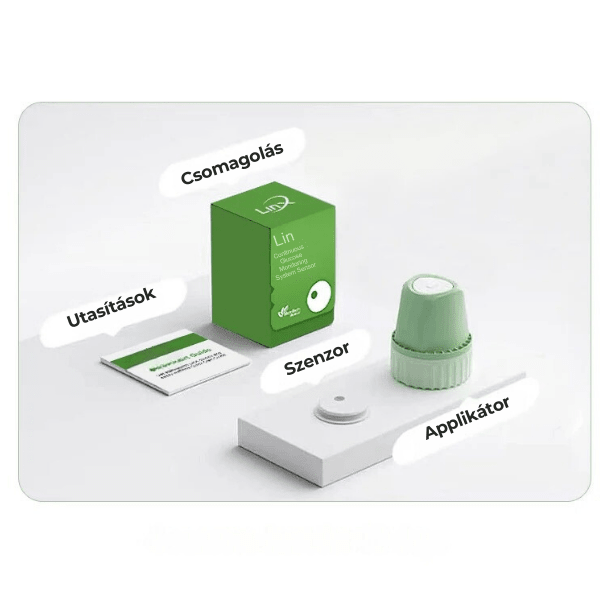 LinX CGM csomag tartalma – Csomagolás / Utasítások / Szenzor / Applikátor (HU)